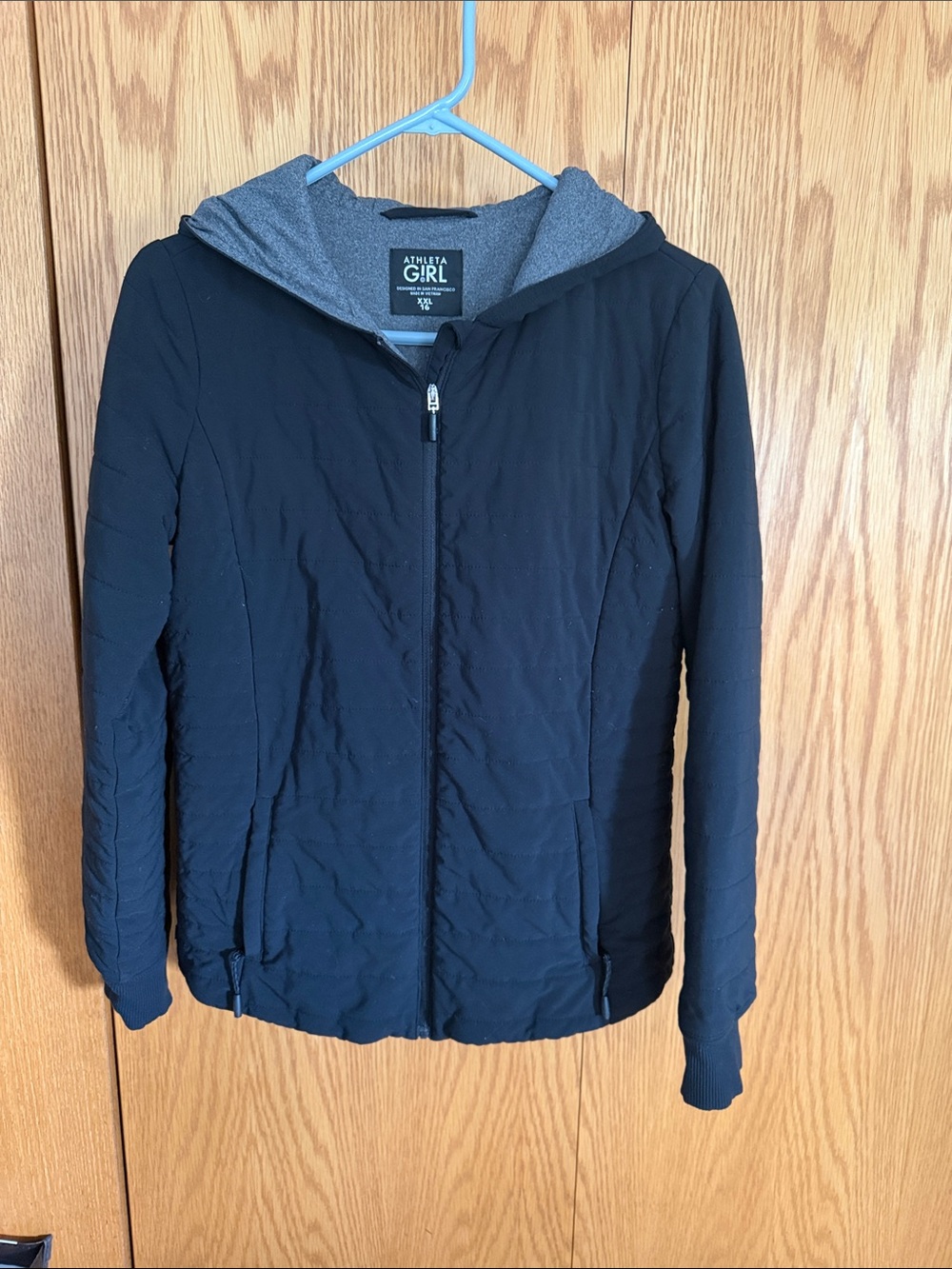 Athleta Black Hooded Puffer Jacket with Gray Lining. Girls size XXL - 16.